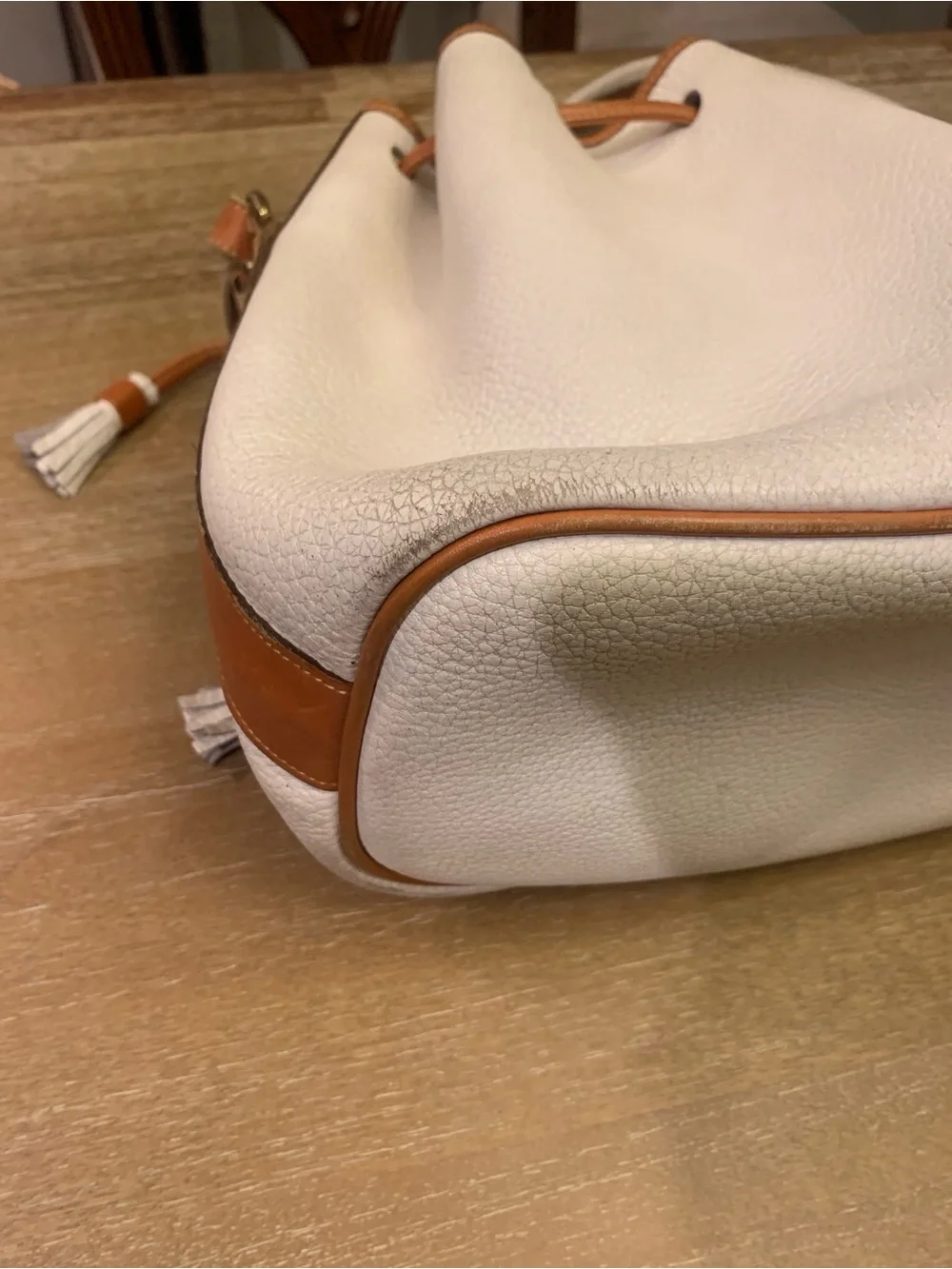 Vintage Dooney & Burke White and Brown Drawstring Bucket Bag with Tassel Accent - Picture 13 of 15
